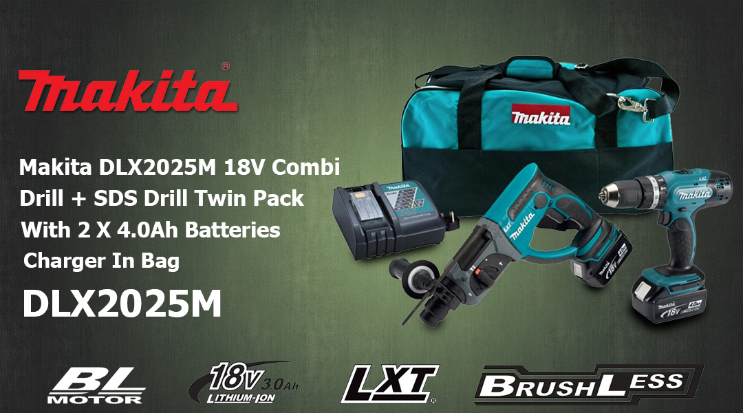 Toptopdeal Makita DLX2025M 18V Combi Drill + SDS Drill Twin Pack With 2 X 4.0Ah Batteries & Charger In Bag
