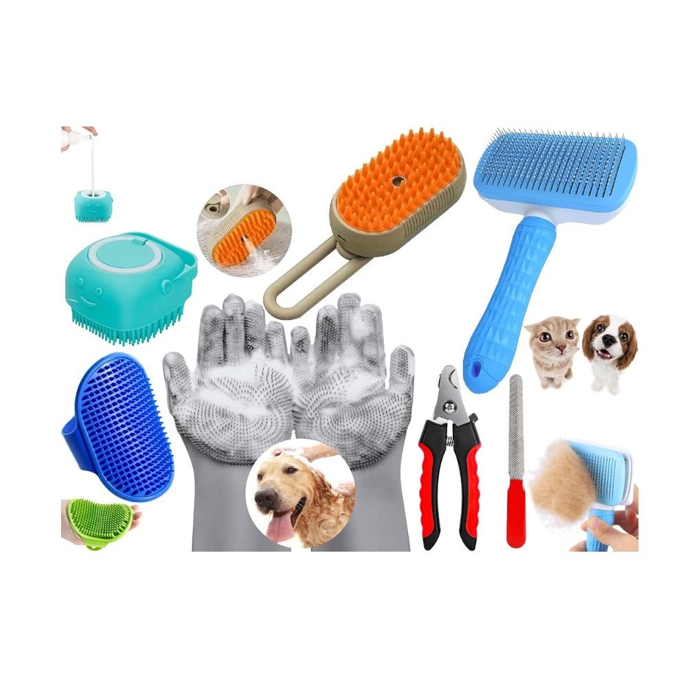 6 in 1 Pet Grooming Combo for Dogs and Cats Complete Grooming Kit with Brush Scissors Nail Clipper Comb and Cleaning Tools