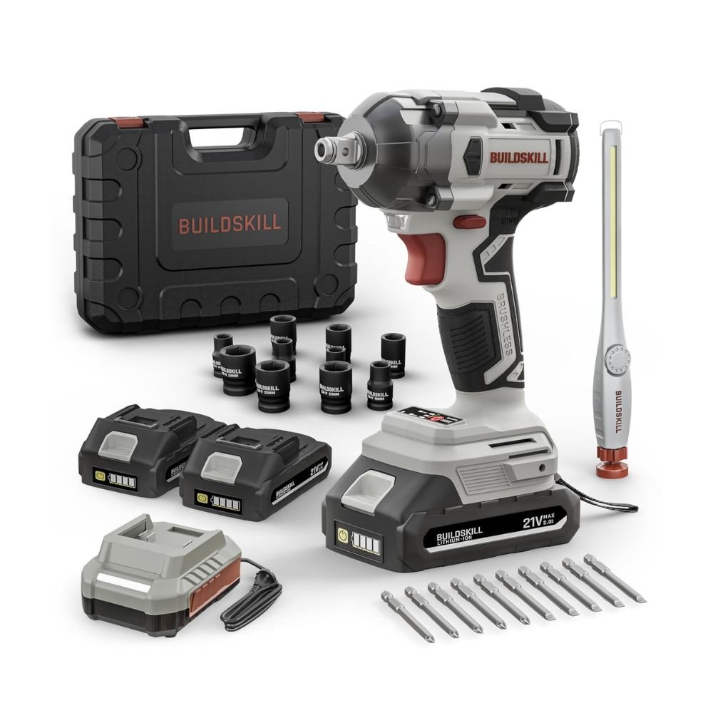 BUILDSKILL 21V 1/2" 400Nm BLDC Cordless Impact Wrench Set with 2 Batteries, 20-Piece Kit, LED Light & Fast Charger