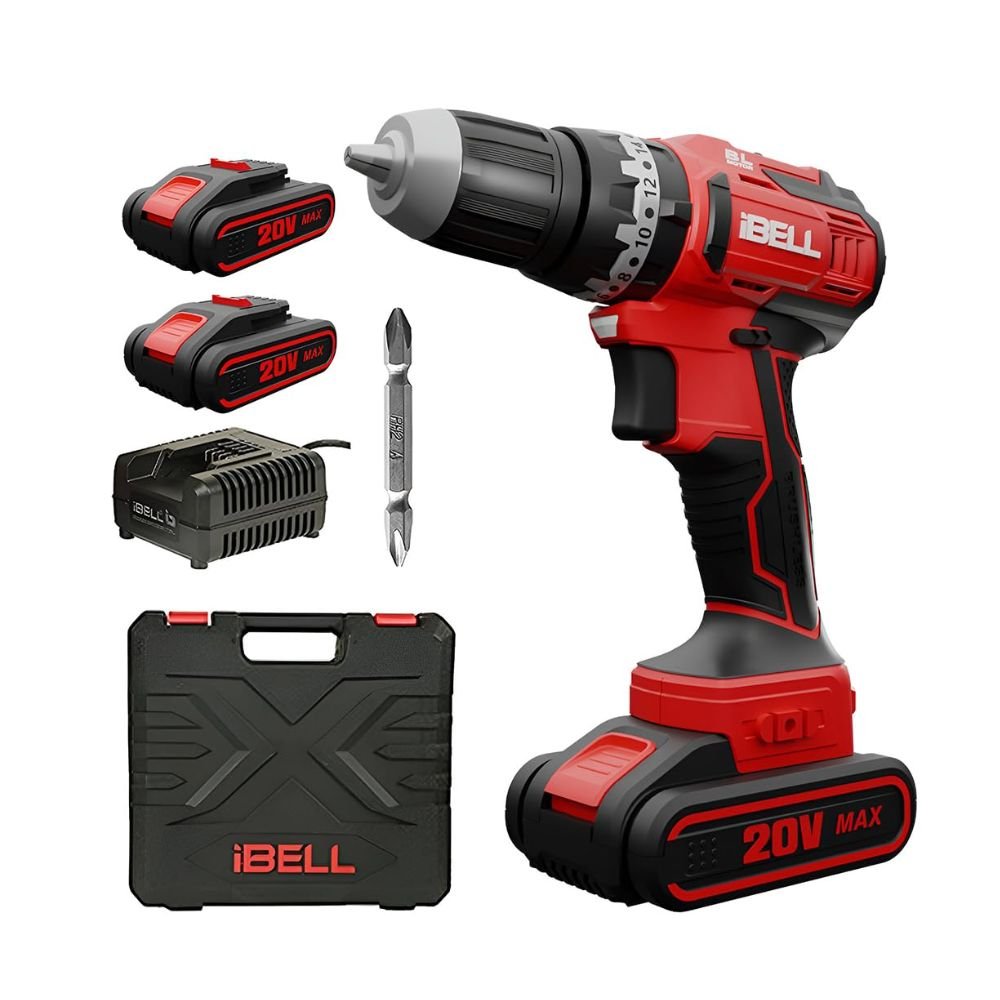 iBELL BM18-60 20V Brushless Cordless Impact Driver Drill 1450 RPM, 10mm Chuck, 20 Torque Settings, 2 Batteries (Red)