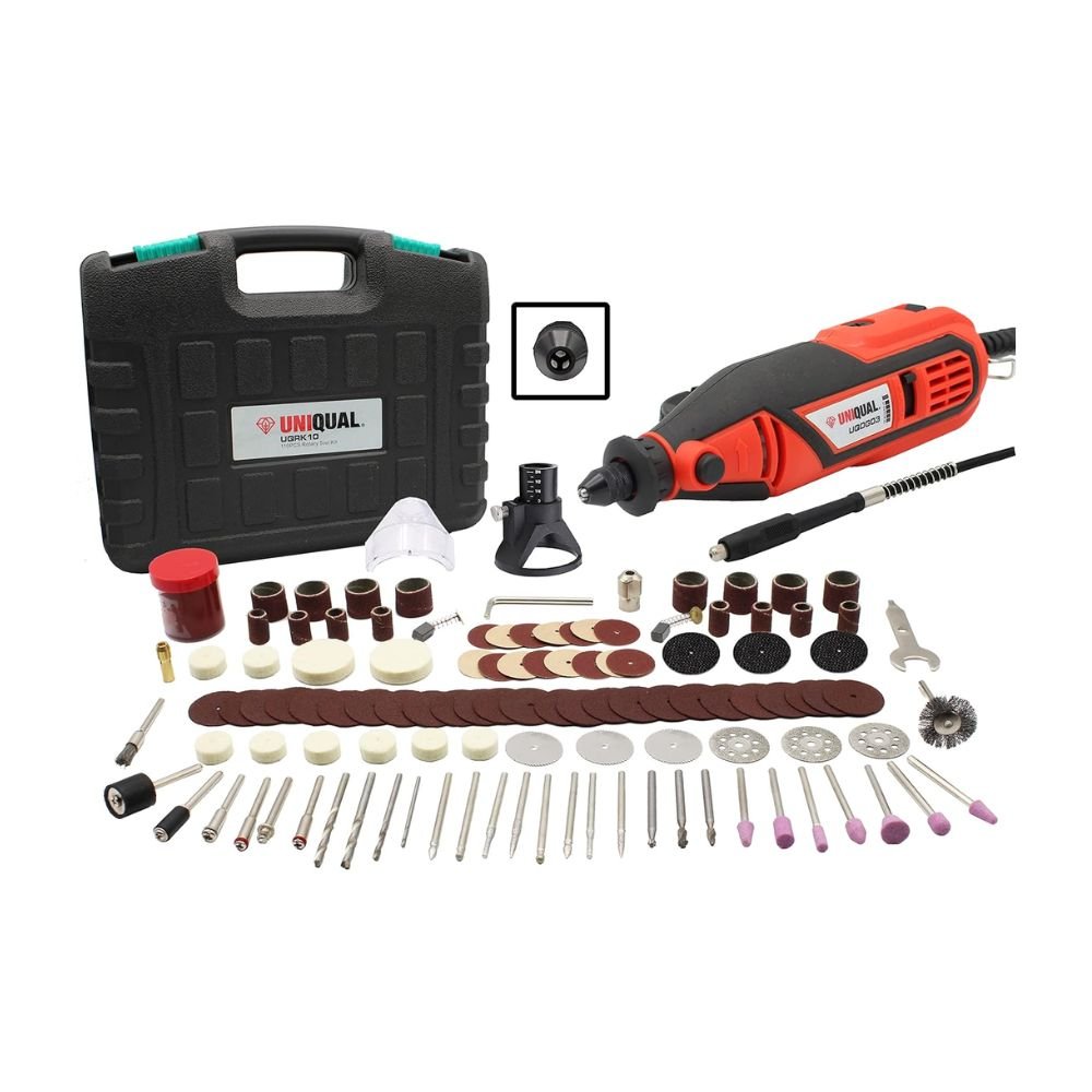 UniQual 140PCS Rotary Tool Kit 160W with Universal Chuck, Flexible Shaft, Drill Locator & Variable Speed for Cutting, Engraving & DIY Use