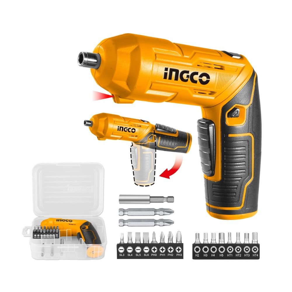 INGCO 4V Electric Cordless Screwdriver Set, Rechargeable Power Drill Driver, 4 N.m Torque, 240RPM with Tool Box