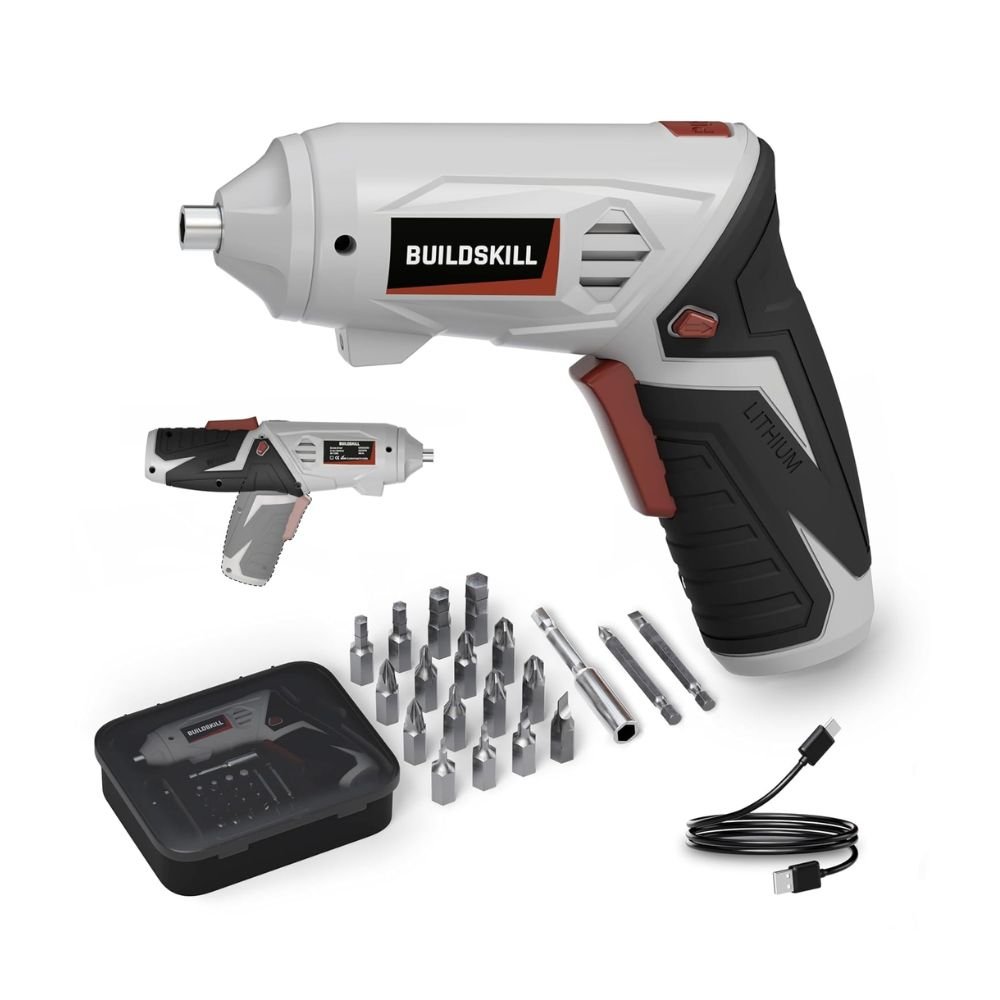 BUILDSKILL 4V Cordless Screwdriver Kit 19PCS, 4 N.m Torque, 250RPM, Magnetic Chuck, 1.5Ah Battery, LED Light & Type-C Charging