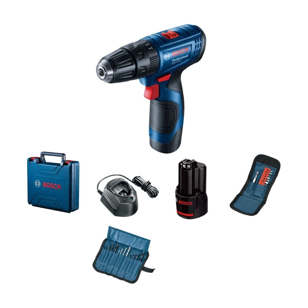 Bosch Professional GSB 120-LI 12V Cordless Impact Drill Driver Kit, 10mm Chuck, 2×2.0Ah Batteries, Charger & 23 Accessories (1 Year Warranty)