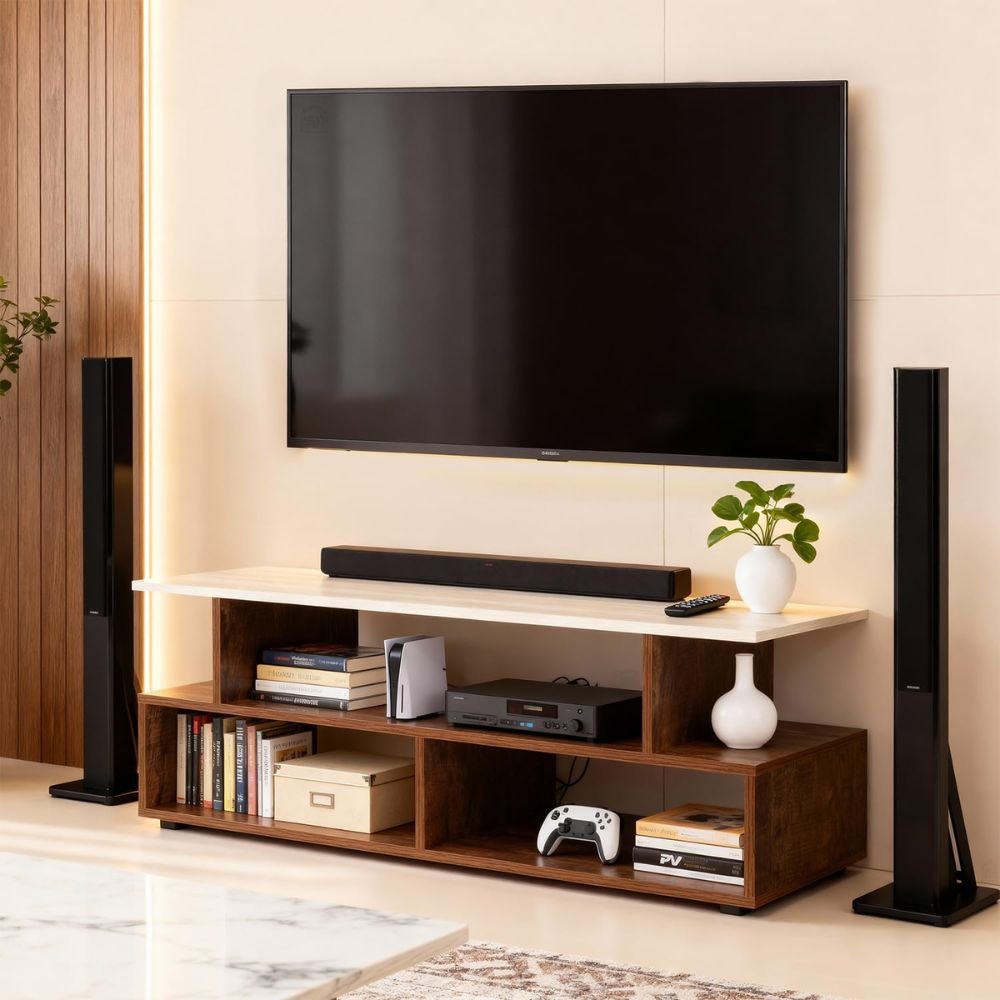 ABOUT SPACE Engineered Wood TV Stand / Entertainment Console with Storage for Set Top Box, Books & Décor – Walnut Finish (101 x 40.5 x 41 cm)