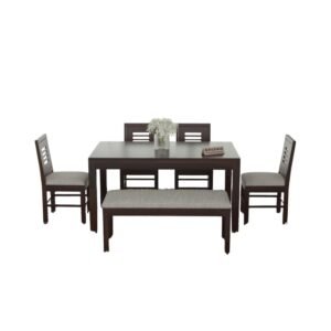 Sheesham Wood 6 Seater Dining Table Set with 4 Cushioned Chairs & 1 Bench – Walnut Finish Wooden Dining Furniture for Home, Office & Restaurant