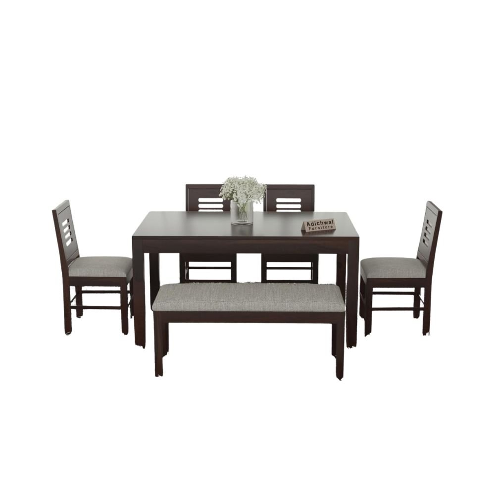 Sheesham Wood 6 Seater Dining Table Set with 4 Cushioned Chairs & 1 Bench – Walnut Finish Wooden Dining Furniture for Home, Office & Restaurant
