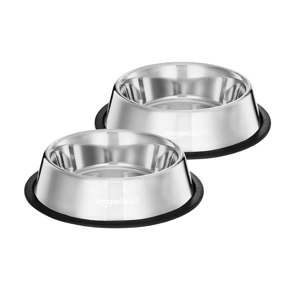 Amazon Basics Stainless Steel Pet Feeding Bowls for Dogs and Cats Anti Slip Durable Food and Water Bowls Set