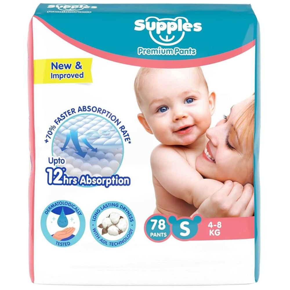 Amazon Brand Supples Premium Baby Diaper Pants Medium Size (7–12 kg), 72 Count – 12 Hours Absorption, Cushiony Cotton Soft Fabric, Triple Leak Guard, Phthalates-Free
