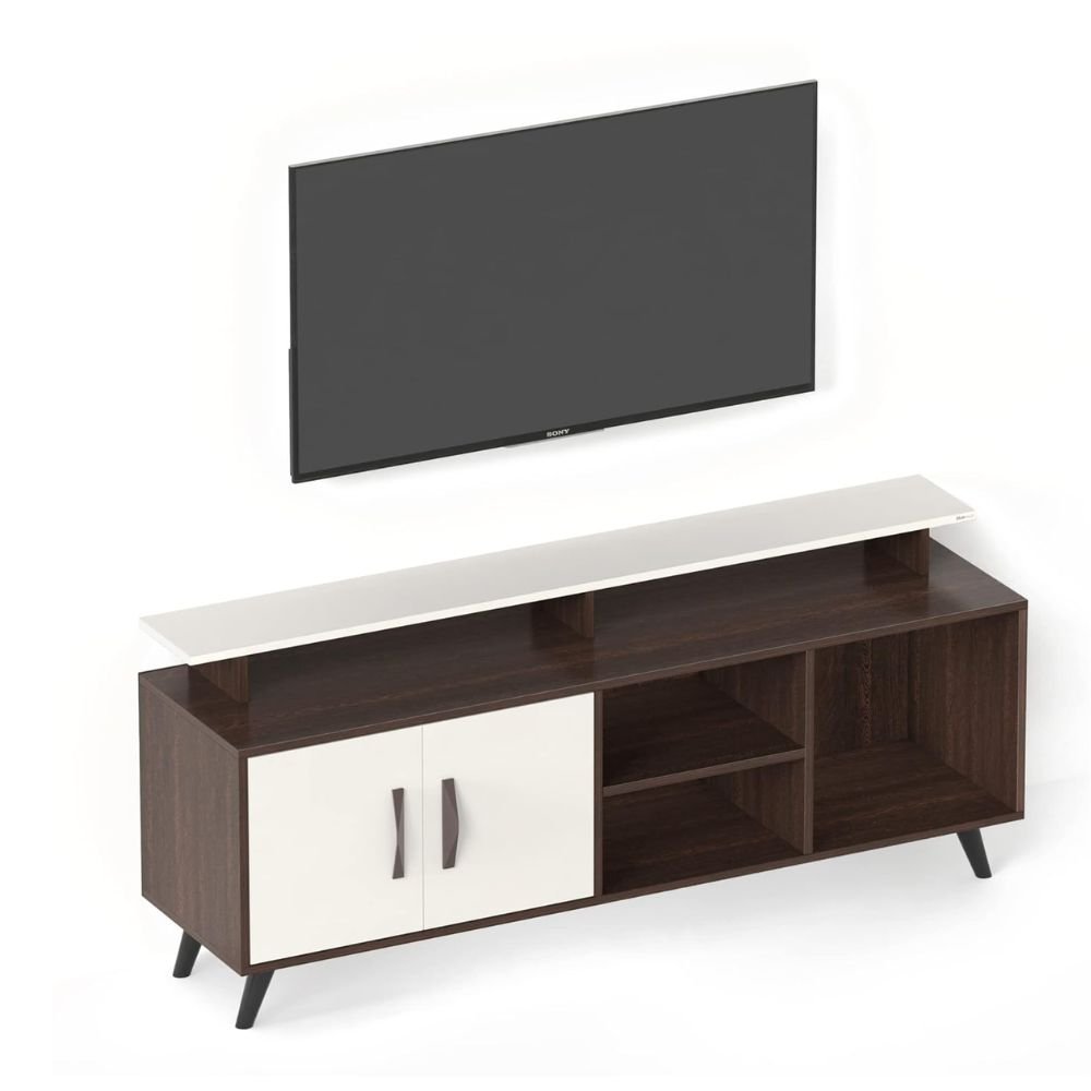 BLUEWUD Skiddo Engineered Wood TV Entertainment Unit / Set Top Box Stand with Shelves for Books & Décor – Upto 55 Inch TV Cabinet (Wenge & White, DIY)
