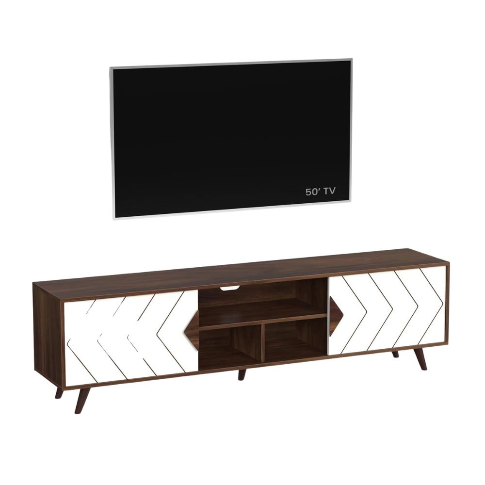BLUEWUD Wilbrome Floor Standing TV Entertainment Unit / TV Panel Cabinet with Shelves for Books & Décor – Supports Up to 75 Inch TV (Brown Maple & White)