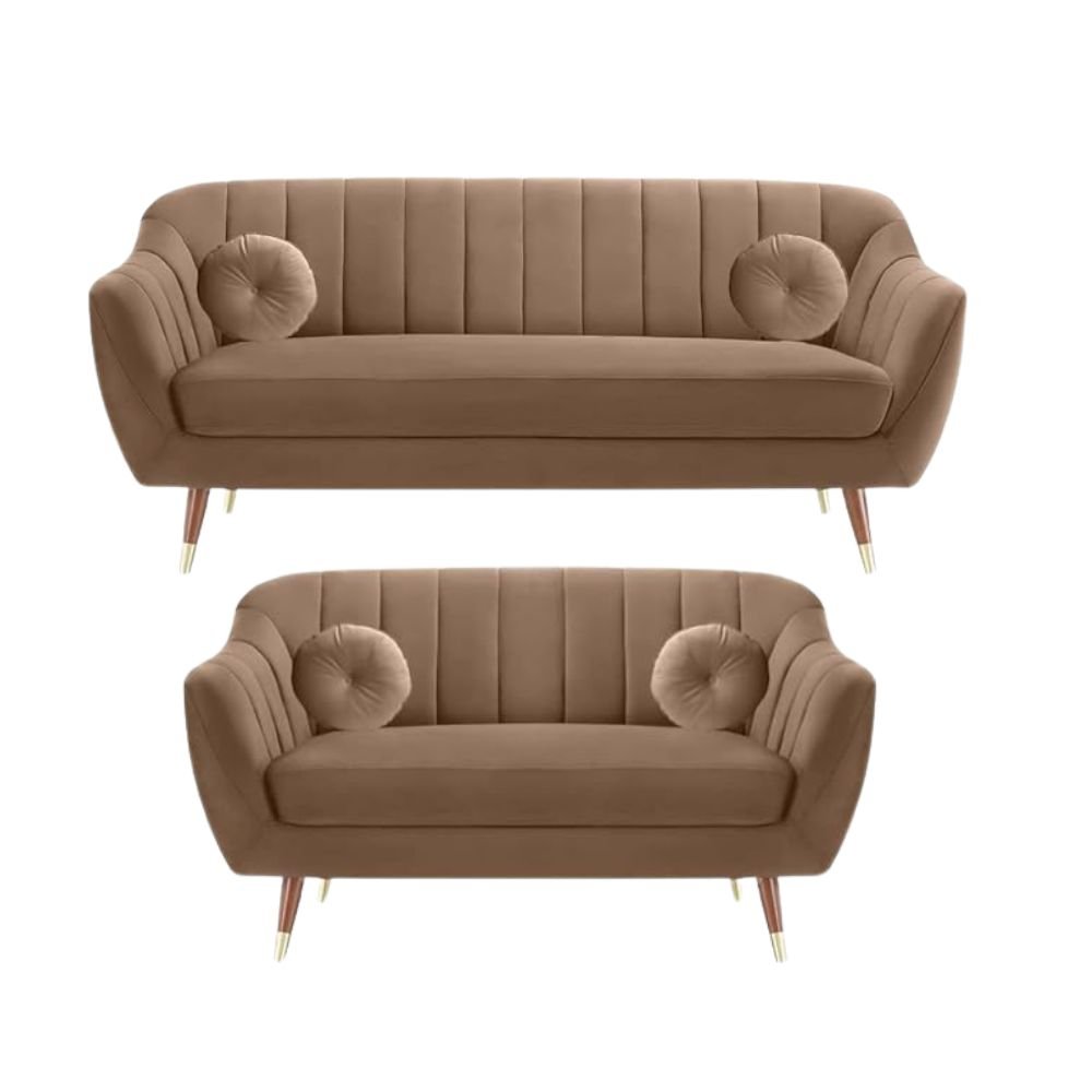 AMATA Marino Solid Wood 3+2 Seater Sofa Set in Camel Suede Velvet Fabric with Cushions – Premium Living Room Furniture
