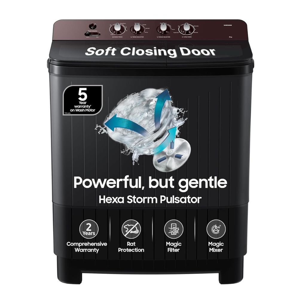 Samsung 8 Kg Semi Automatic Top Load Washing Machine WT80F4560RD/TL with Powerful Pulsator Technology, Energy Efficient Motor & Durable Design