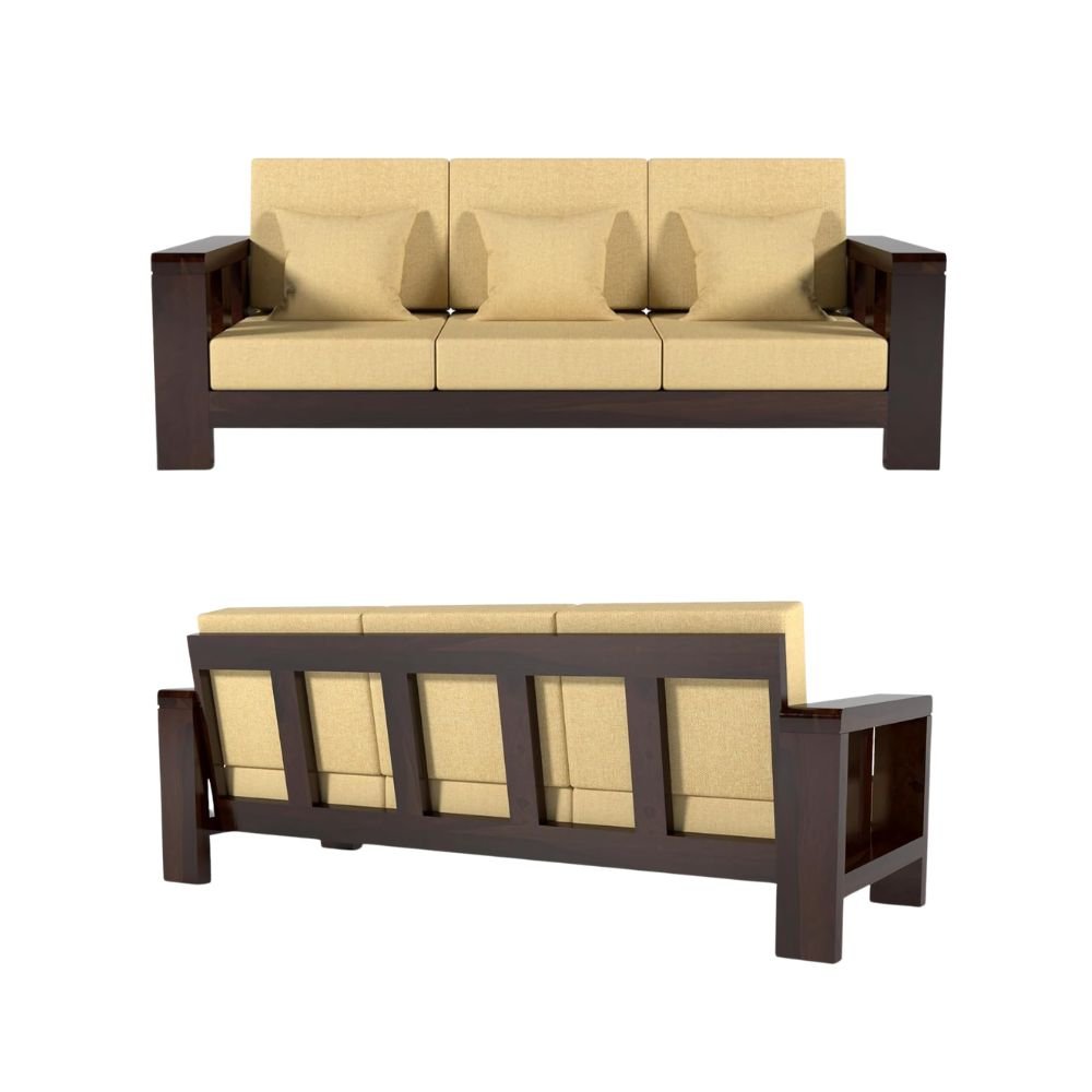 Sheesham Wood 3 Seater Sofa Set Walnut Finish – Solid Rosewood Living Room Sofa for Home & Office