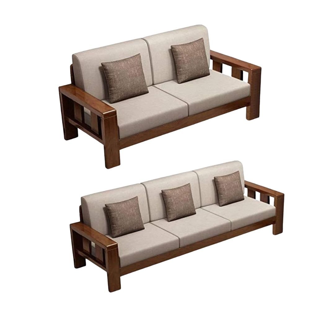 Wooden 6 Seater Sofa Set with Natural Teak Finish – Solid Wood Furniture for Living Room & Office