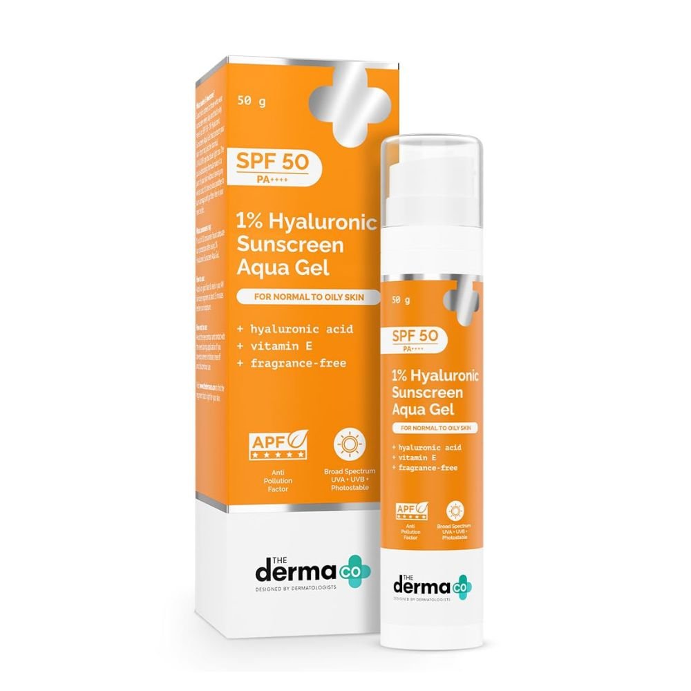 The Derma Co 1% Hyaluronic Sunscreen Aqua Gel SPF 50 PA++++ – Hydrating Lightweight Broad Spectrum Sun Protection