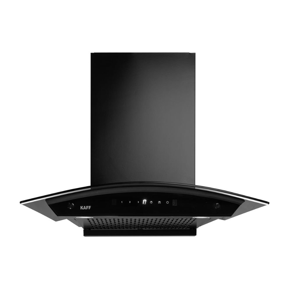 KAFF K-Series KEC 60A 60 cm Kitchen Chimney with 1450 m³/hr Suction, Filterless Auto-Clean, Curved Glass, Touch & Motion Sensor – Black