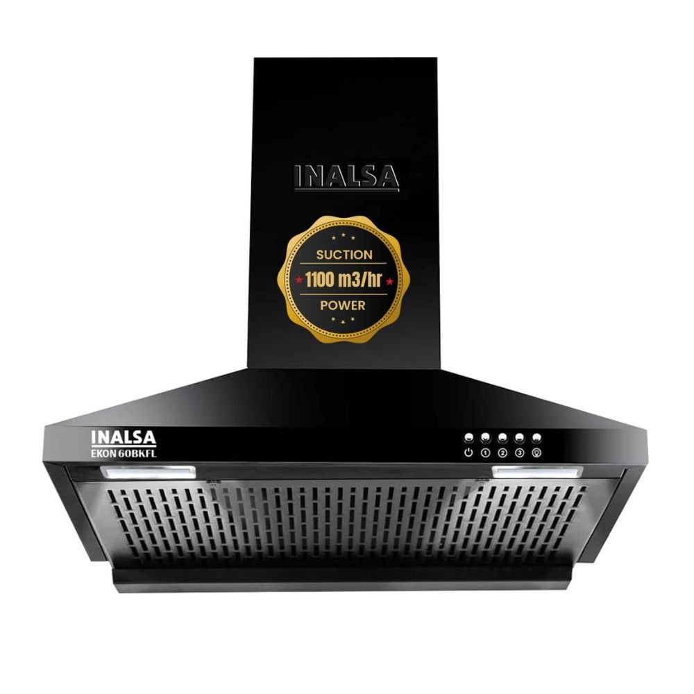 INALSA Ekon 60BKFL 60 cm Pyramid Kitchen Chimney with 1100 m³/hr Suction, Filterless Design, Push Button Control & Low Noise Black Finish