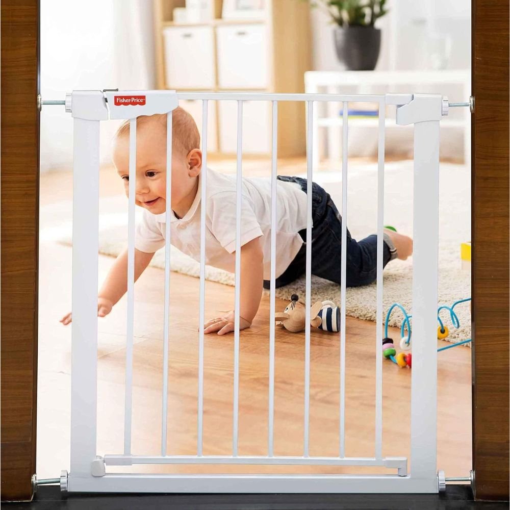Fisher-Price Barricade Auto Close Baby Safety Gate 74–84 cm Pressure Mounted Child Safety Door Gate with One-Hand Operation Dual Swing Auto Lock for Kids Safety