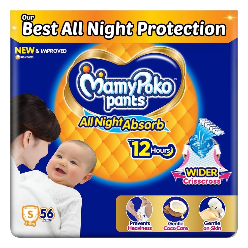 MamyPoko Pants All Night Absorb Baby Diaper Small Size (4–8 kg), 56 Count – 12 Hours Leakage Protection with Wider Crisscross Sheet