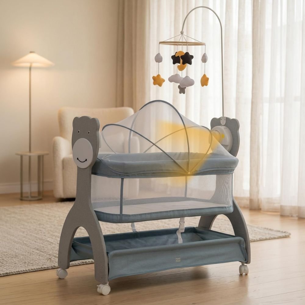 Mee Mee Sweet Love Automatic Electric Baby Cradle with Remote Control 3-Speed Swing Mosquito Net Cot Mobile Lockable Wheels Storage Basket for 0 to 18 Months