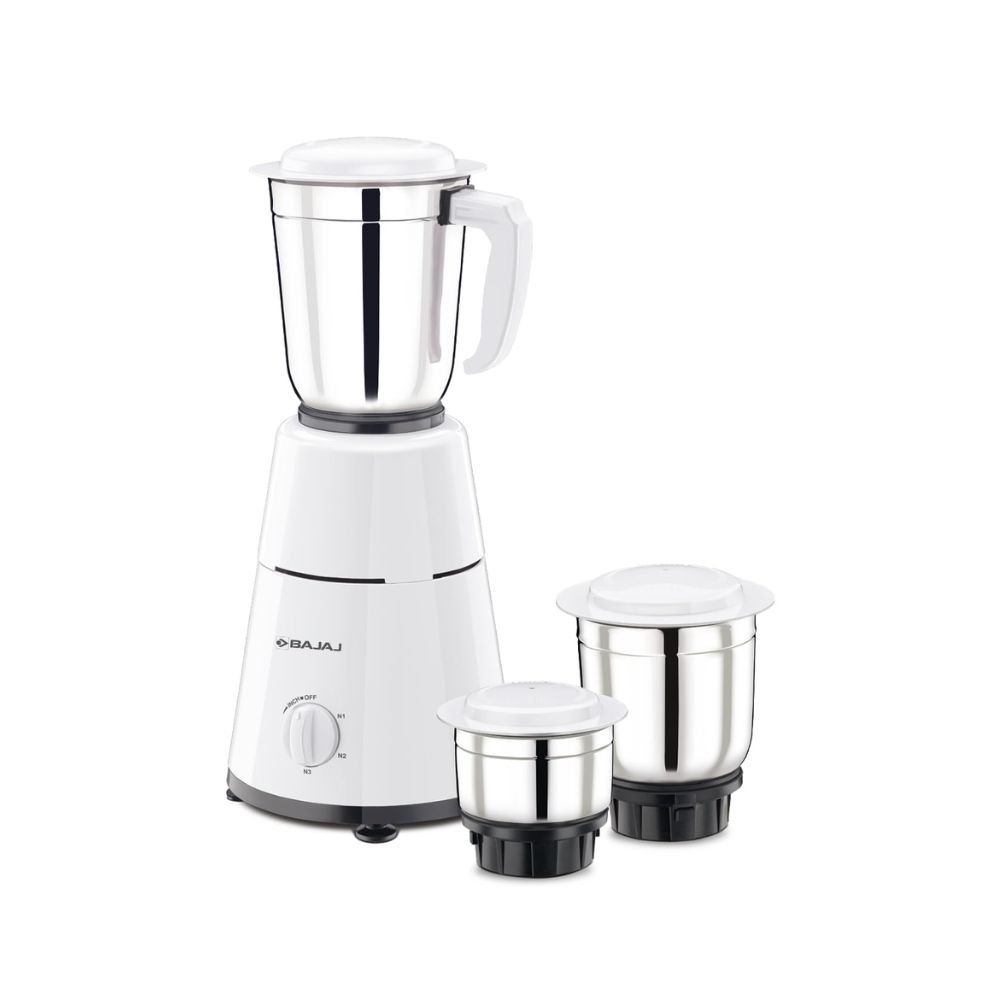Bajaj GX-1 Mixer Grinder 500W with 3 Stainless Steel Jars, Multi-Speed Control & Durable White Design for Everyday Kitchen Use