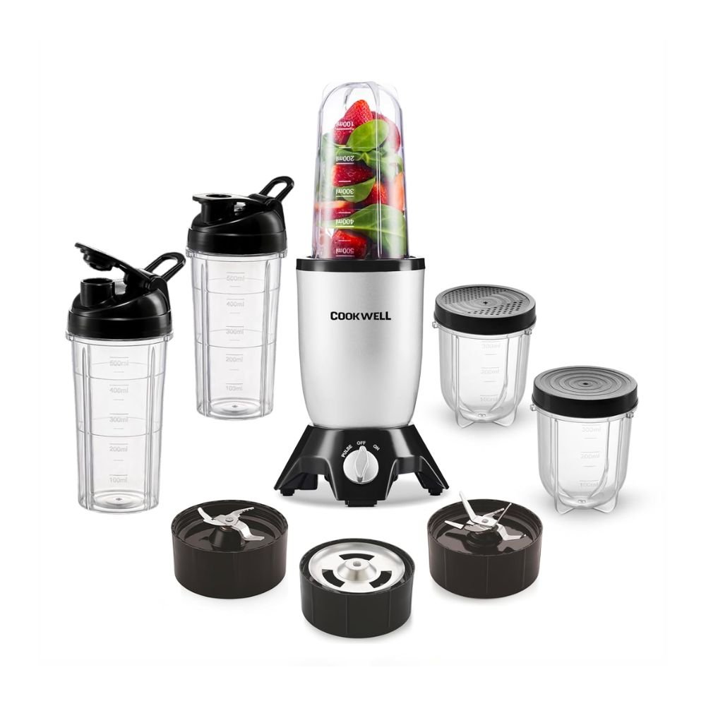 Cookwell Bullet Mixer Grinder 600W with Stainless Steel Blades, Multiple Jars & Compact Silver Design for Smooth Grinding & Blending
