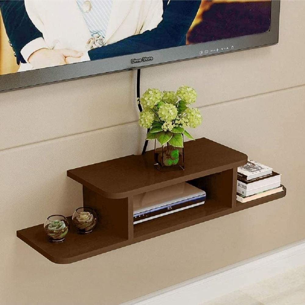 OXMIC Wooden TV Unit Shelf & Wall Mount Rack with Storage Shelves for Set Top Box & Décor – Brown Finish