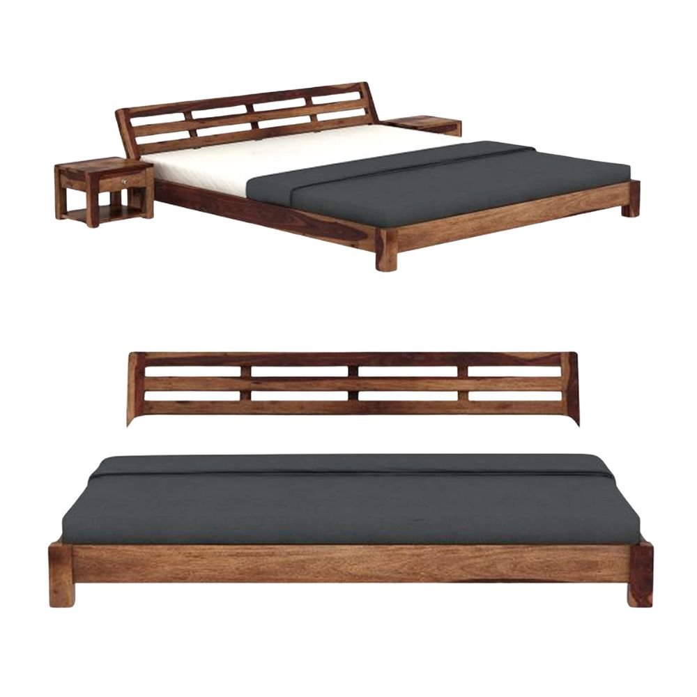 RJ ART Solid Sheesham Wood Low Height King Size Bed Without Storage – Wooden Floor Style Double Bed in Rosewood Honey Finish