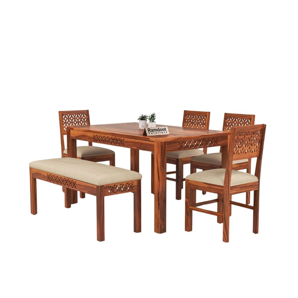 Randoot Furniture Solid Sheesham Wood 6 Seater Dining Table Set with 4 Chairs & 1 Bench – CNC Design Honey Finish
