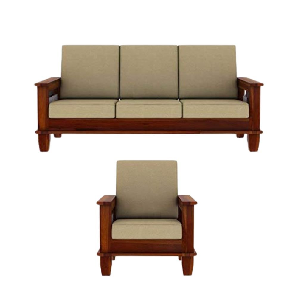Solid Sheesham Wood 5 Seater Sofa Set (3+1+1) with Cream Cushions – Honey Finish Wooden Sofa for Living Room & Office