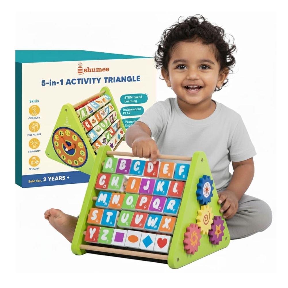 Shumee 5-in-1 Wooden STEM Activity Triangle for Kids Montessori Learning Toy with Alphabets Counting Beads Maze Gears Clock Educational Development Activity Center
