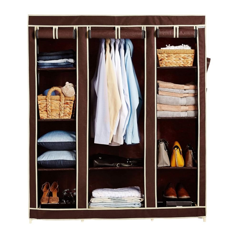 Solimo 3-Door Foldable Wardrobe with 10 Racks – Brown Plastic & Fabric Storage Almirah for Bedroom & Home Organization