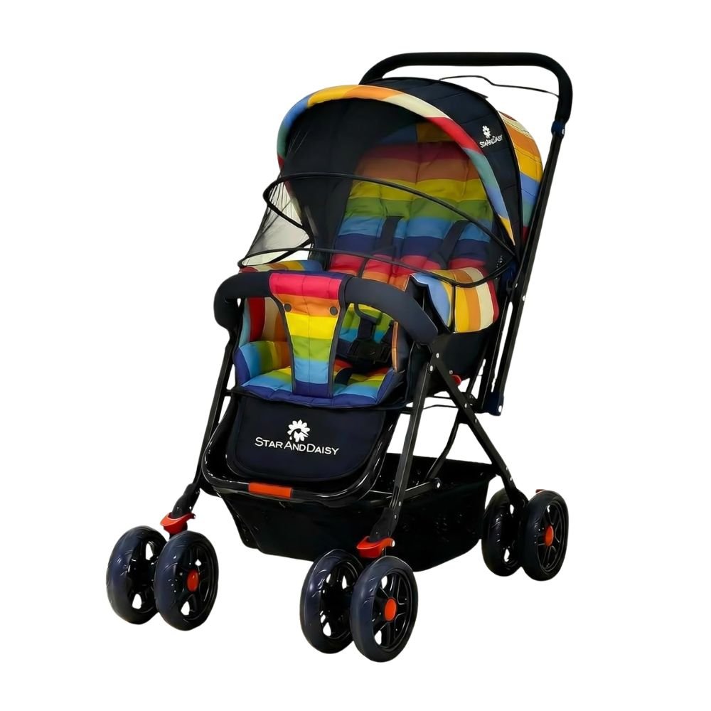 StarAndDaisy Lightweight Baby Stroller with Reversible Handle Adjustable Reclining Seat Safety Harness Foldable Design Storage Basket for 0–3 Years