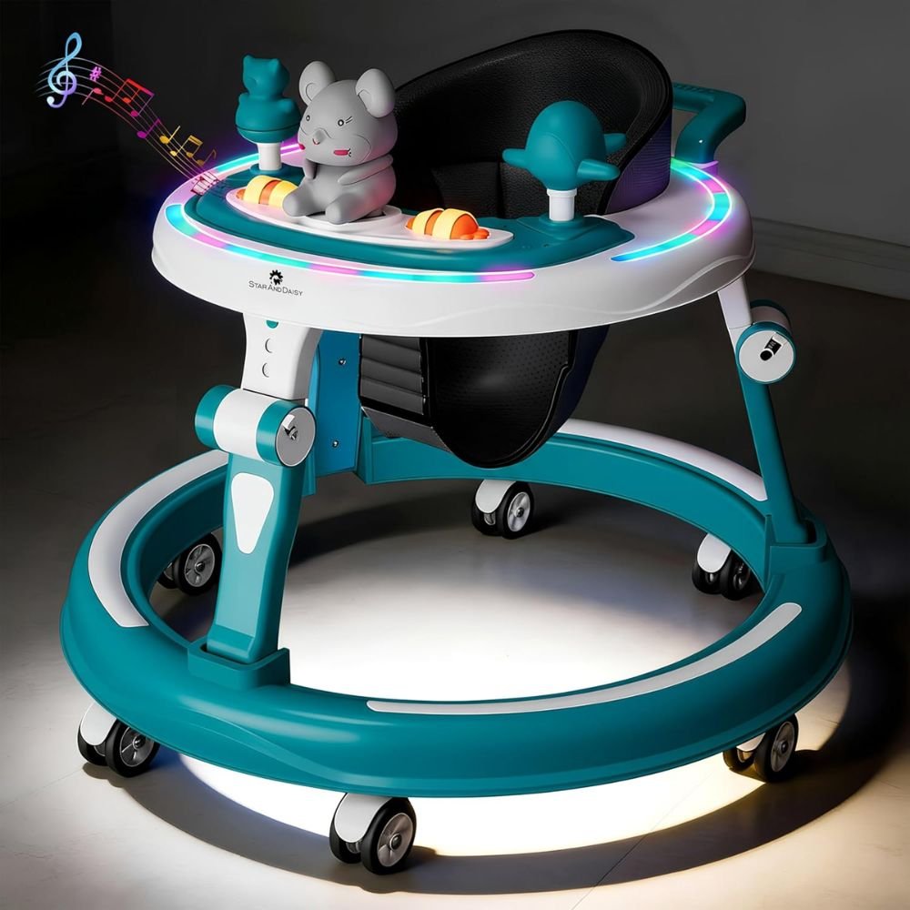 StarAndDaisy Baby Walker with Integrated Music Toy Tray Height Adjustable Seat Foldable Design Smooth Wheels Anti-Slip Safety Base for Babies