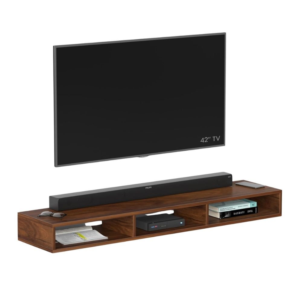 BLUEWUD Primax Grande Wall Mount TV Entertainment Unit / Set Top Box Stand with Shelves for Books & Décor – Ideal for 42 Inch TV (Brown Maple & White)