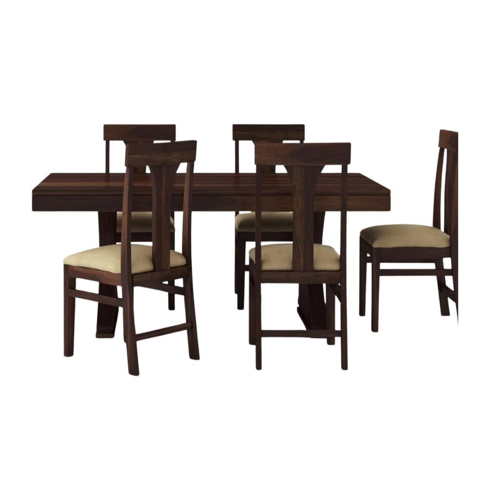 WOODSTAGE Sheesham Wood 6 Seater Dining Table Set with Cushioned Chairs – Wooden Dining Room Set in Walnut Finish